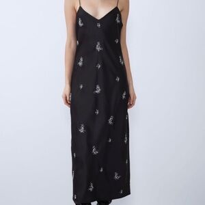 Black Slip Dress with Floral Embroidery Zara